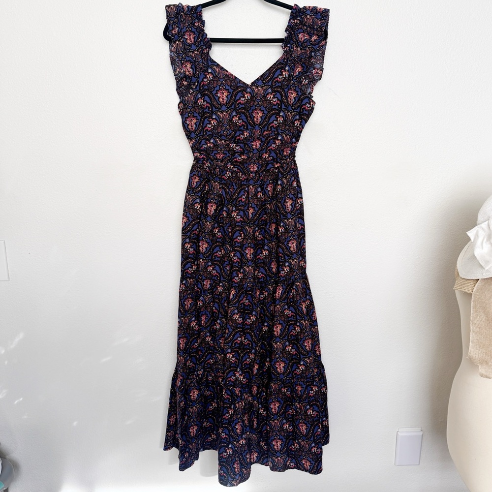 Caroline Constas Navy Pansy Print Smocked Sleeveless Maxi Dress Size XS NWOT - Picture 9 of 10